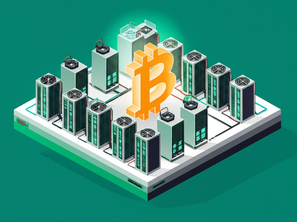 High-tech Bitcoin mining facility with cryptocurrency servers in a data center.