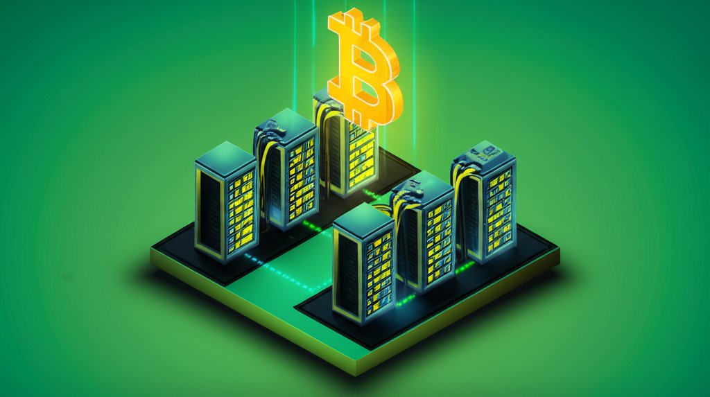 Large bitcoin mining farm with rows of powerful cryptocurrency ASIC rigs.