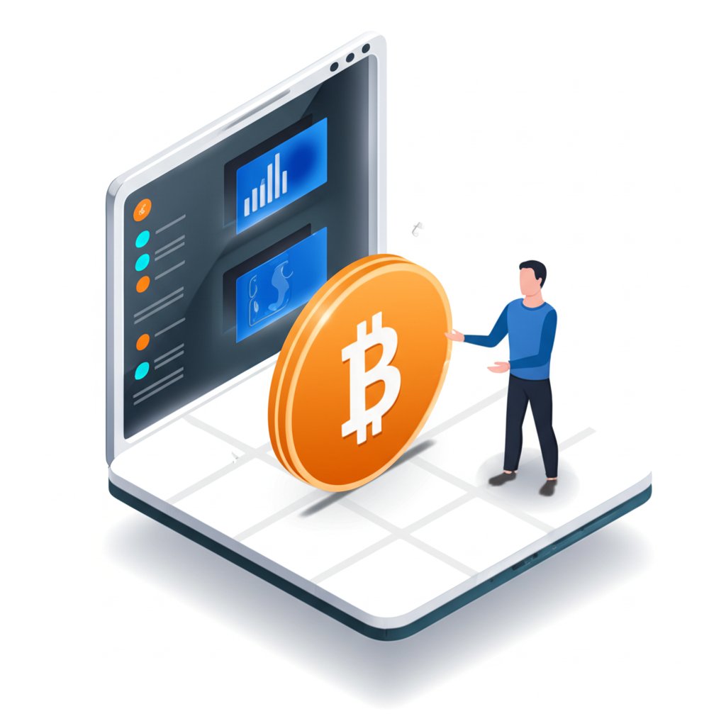 Bitcoins for sale: Digital golden coins and crypto market graphics.