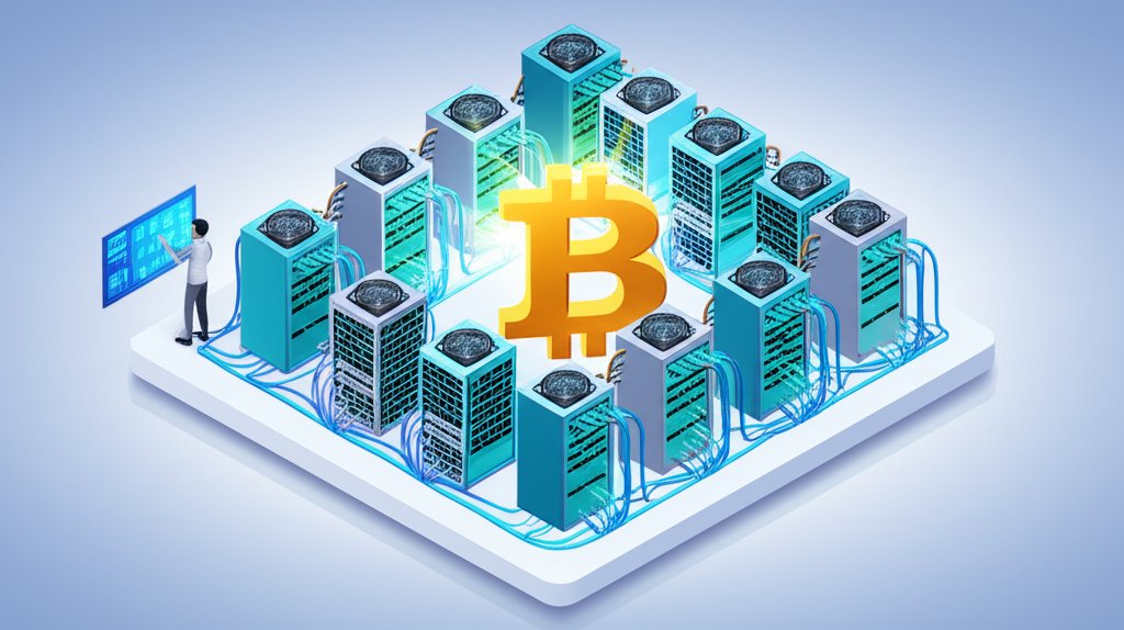 Industrial crypto mining farm with server racks, powering the core of Bitcoin's network.
