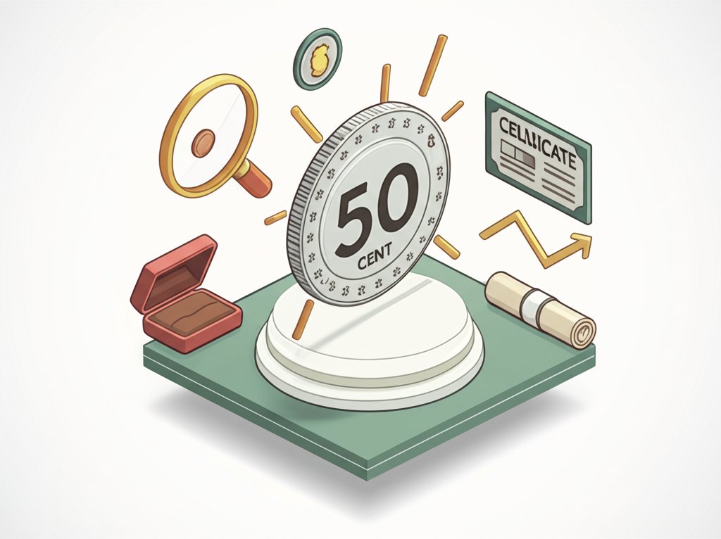 Rare fifty cent coin features increasing its numismatic value to collectors.