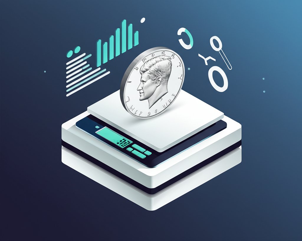 Vintage half dollar coin on a scale, its weight revealing authenticity and value.