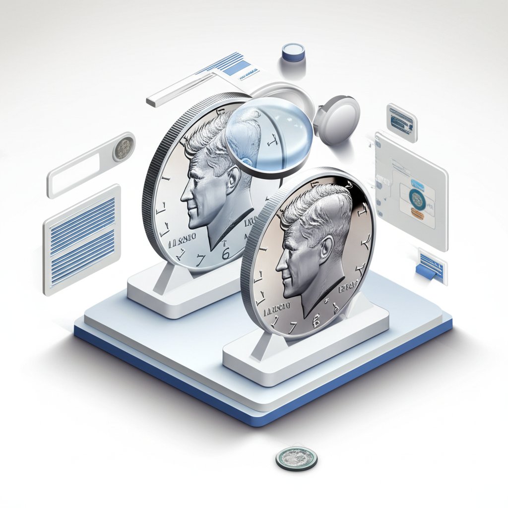 Visual guide to identifying silver Kennedy Half Dollars by year and composition.
