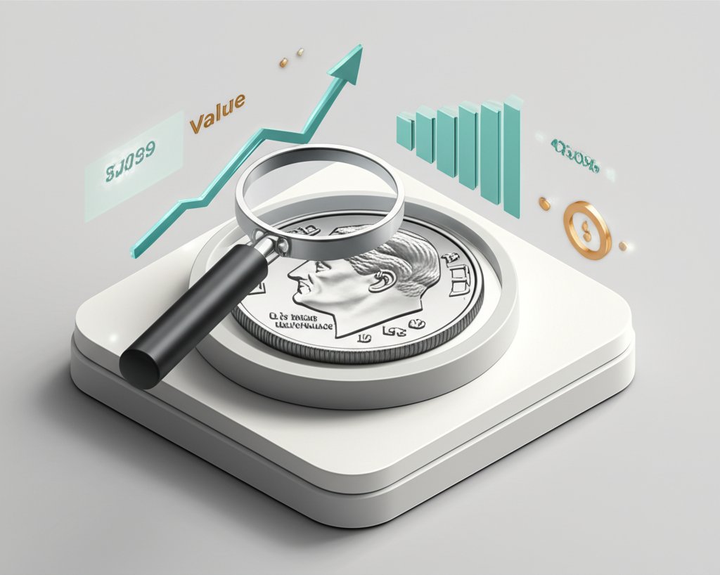 Silver dime with visual guide for decoding its collector value.