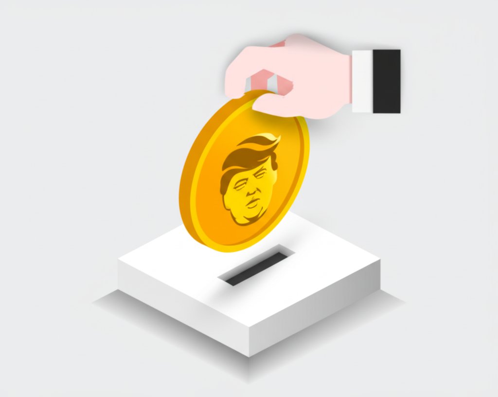 Golden Trump coin dropping, symbolizing market impact or investment trend.